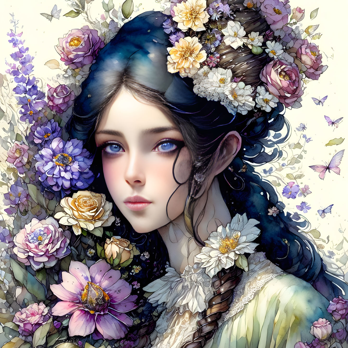 Illustration of woman with blue hair among vibrant flowers