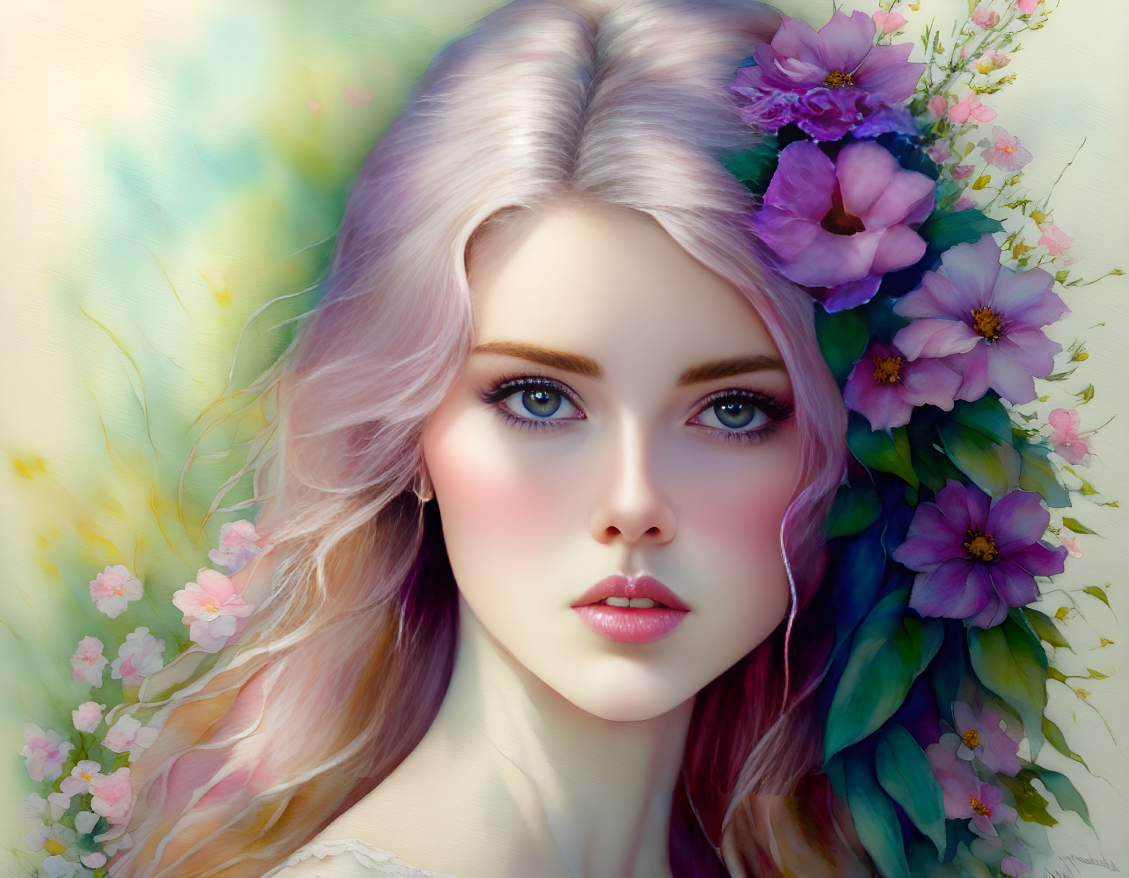 Vibrant digital painting of a woman with pastel purple hair and intermingled flowers