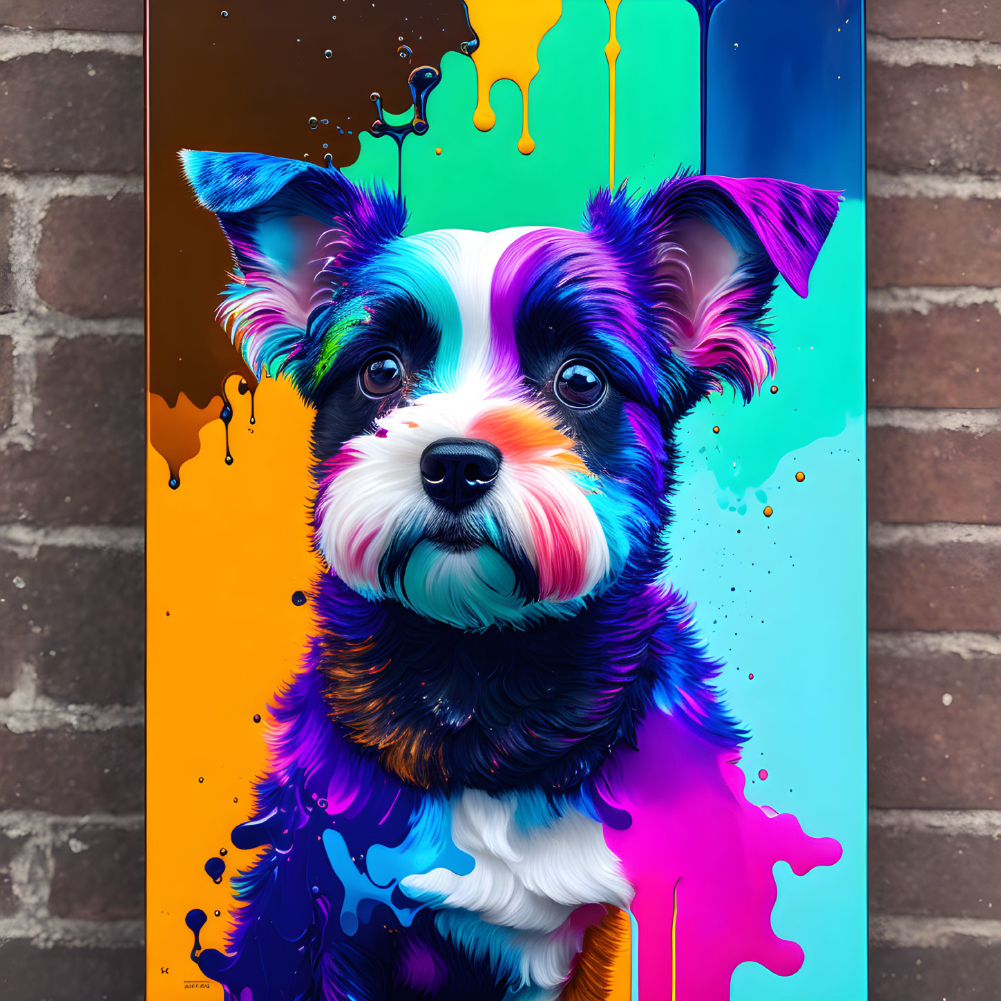 Colorful dripping paint dog art on brick wall background