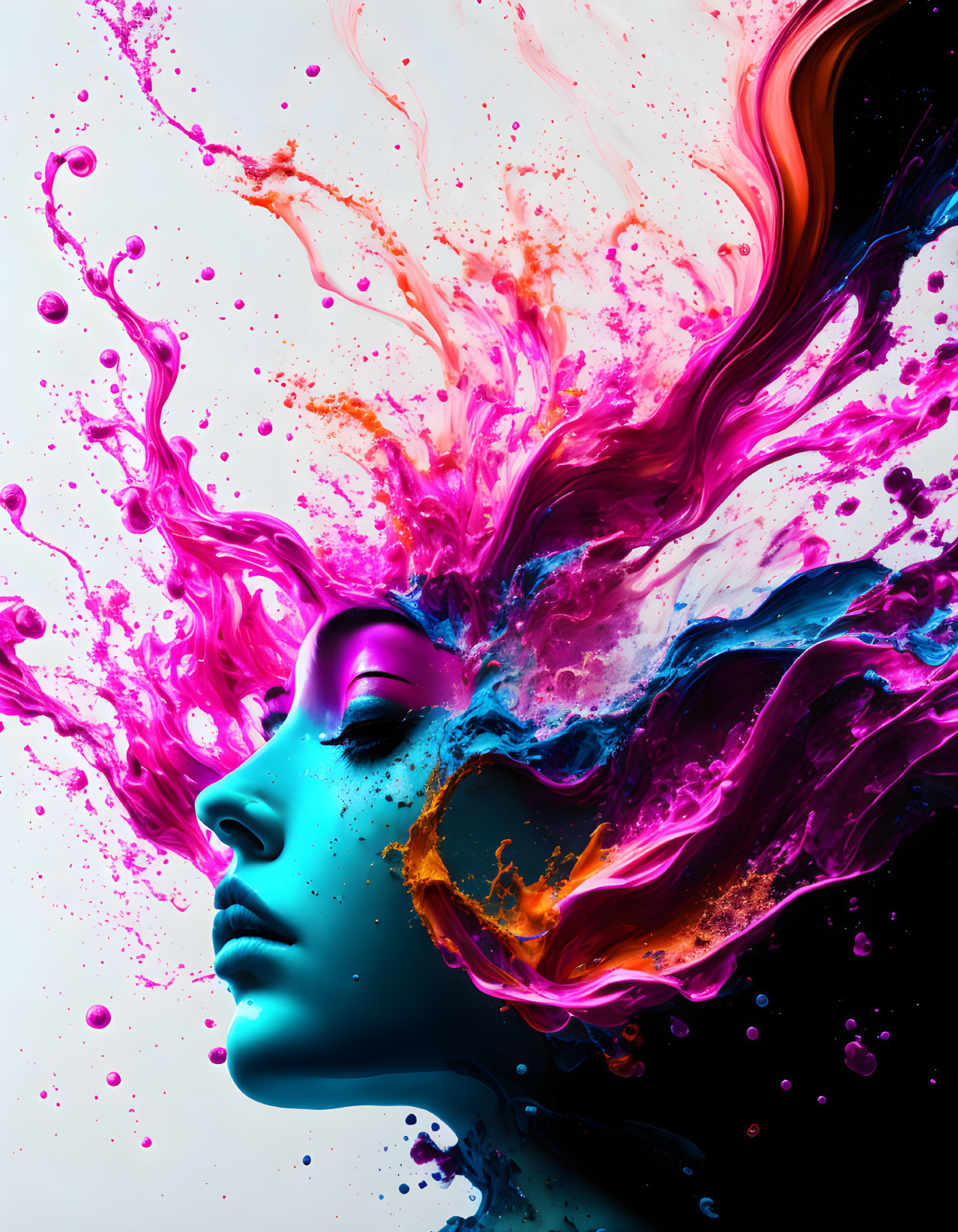 Colorful digital artwork: Woman with neon colors as dynamic hair