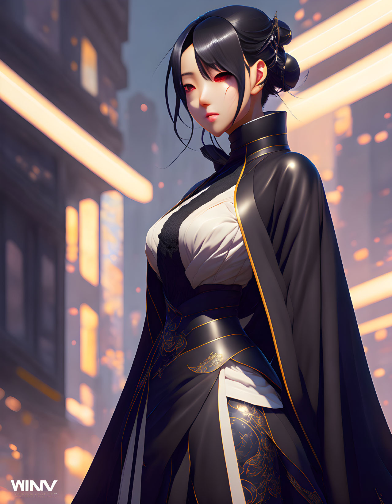 Illustrated female character in traditional attire against futuristic urban backdrop