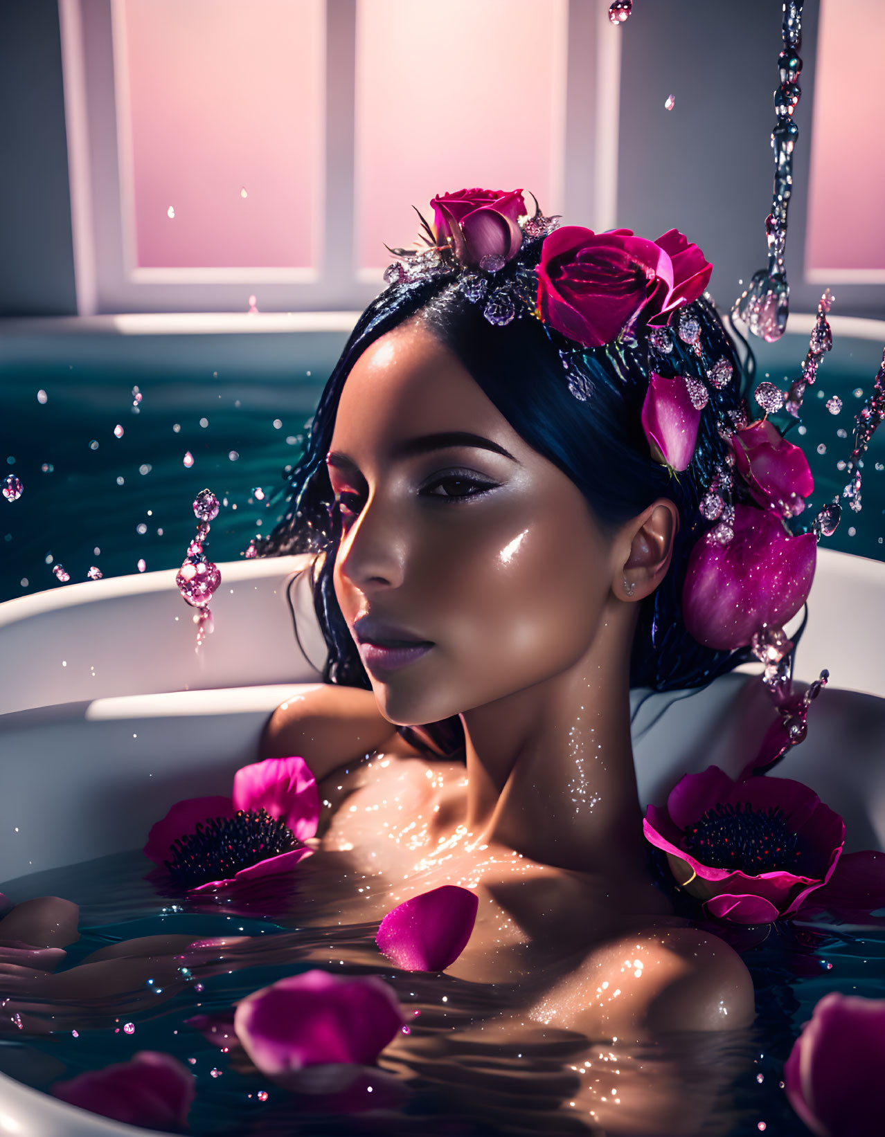 Serene woman in floral headpiece bathes with water droplets & petals