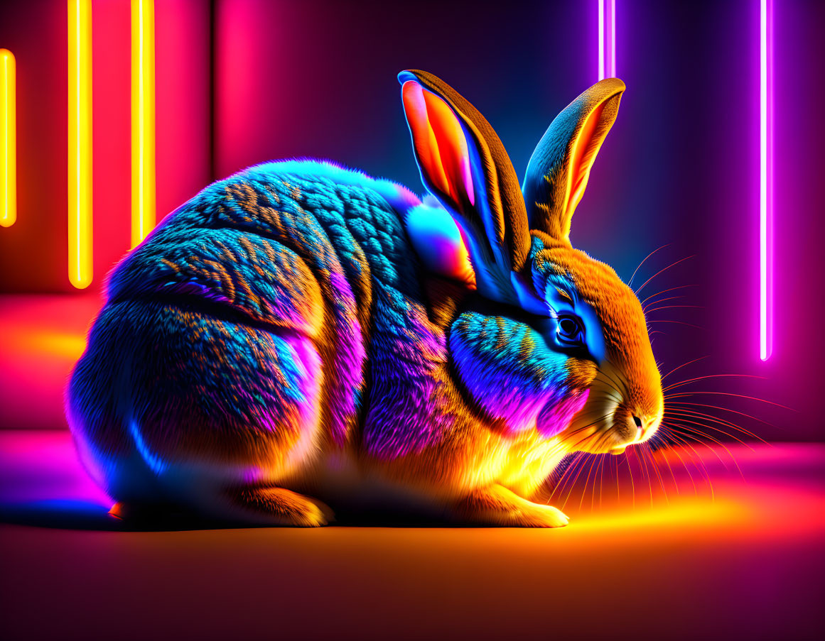 Vibrant Digital Art: Rabbit in Neon Lights with Blue and Orange Hues