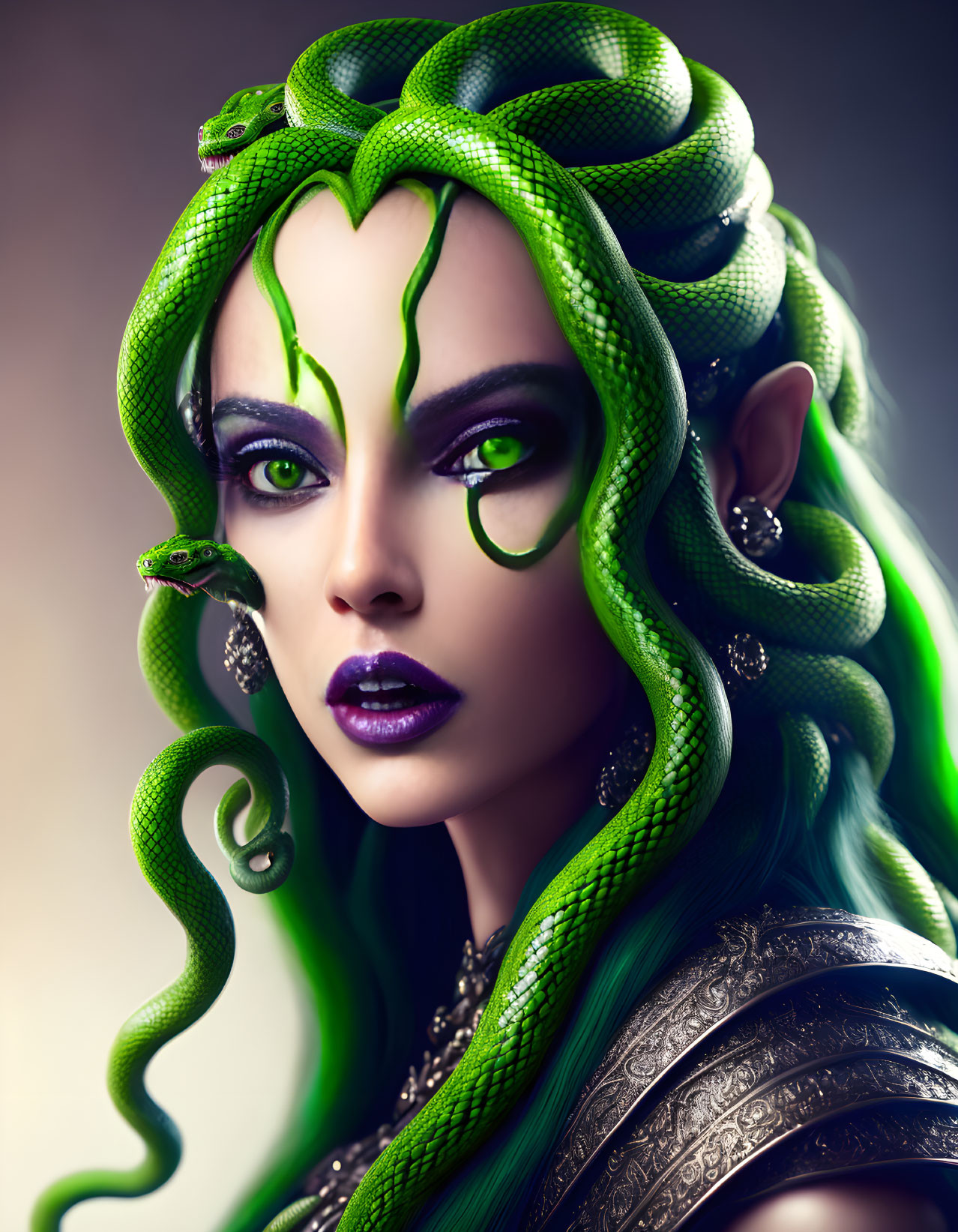 Fantasy portrait of woman with green snake hair, elf ears, green makeup, metallic shoulder piece