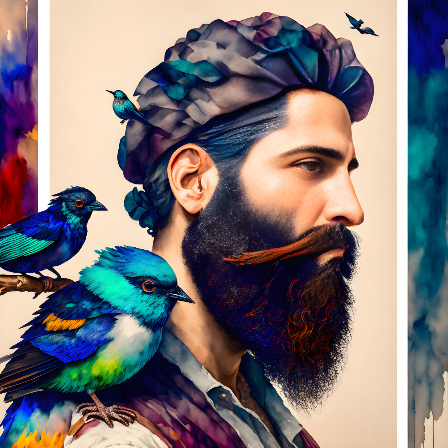 Bearded Man in Turban with Blue and Green Birds on Colorful Background