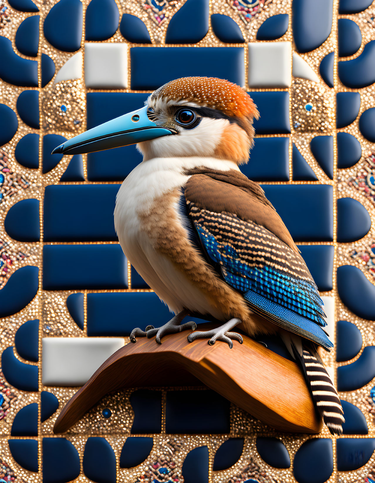 Colorful kookaburra with blue wings on wooden object against blue and gold backdrop