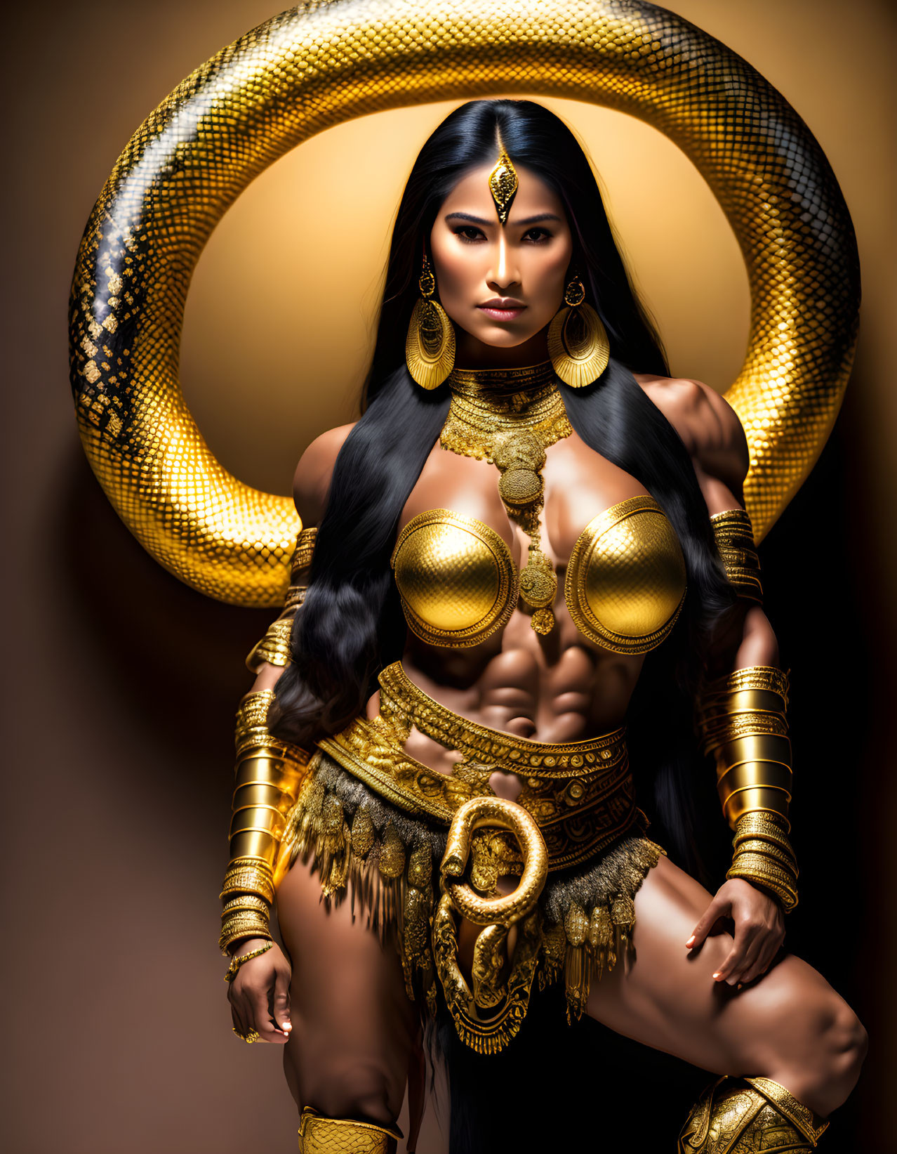 Dark-Haired Woman in Golden Snake Armor on Tawny Background