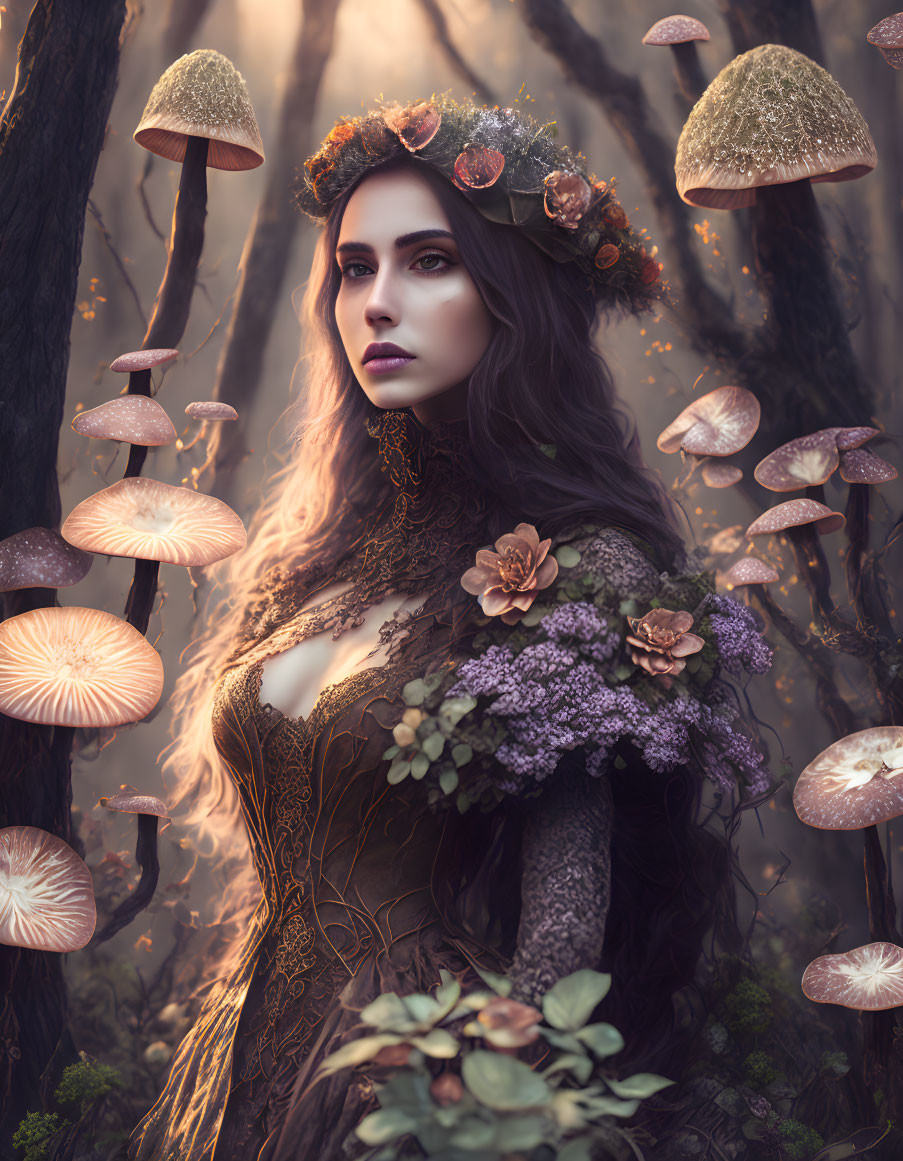 Enchanted forest scene with woman in floral crown and botanical dress