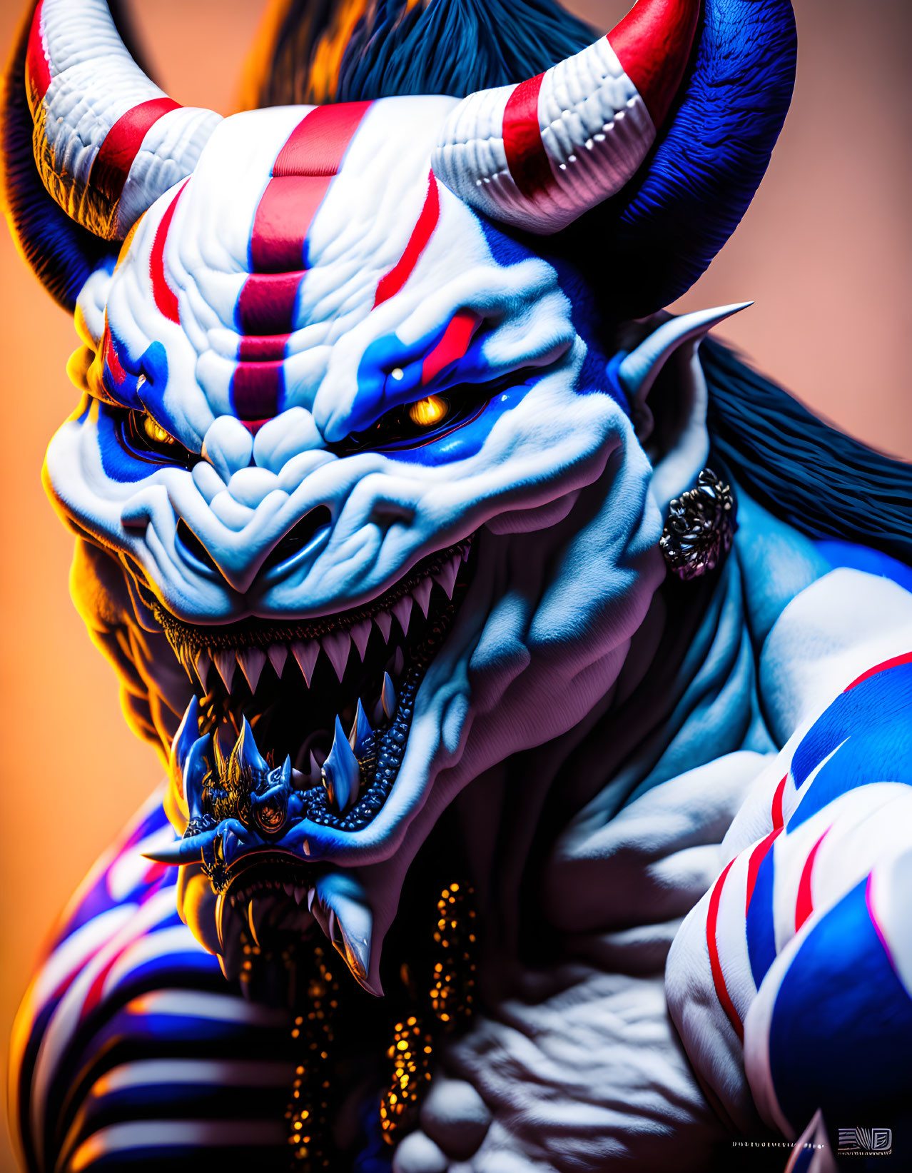 Blue and white striped creature with horned head, red accents, fierce eyes, and golden earrings