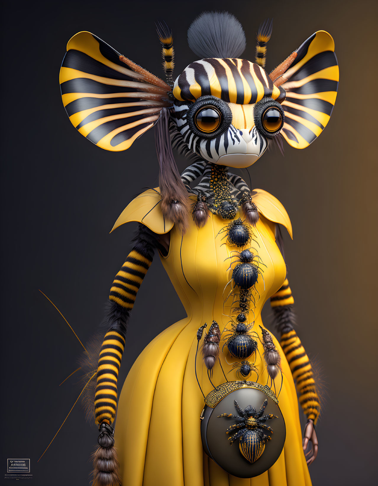 Fantastical creature with zebra-striped face, antennae, bee-like wings, and yellow dress