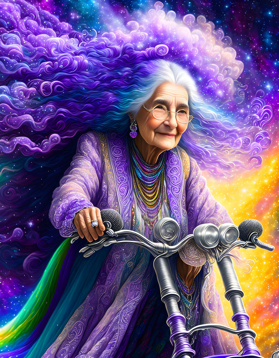 Elderly woman with long white hair rides bike in cosmic setting