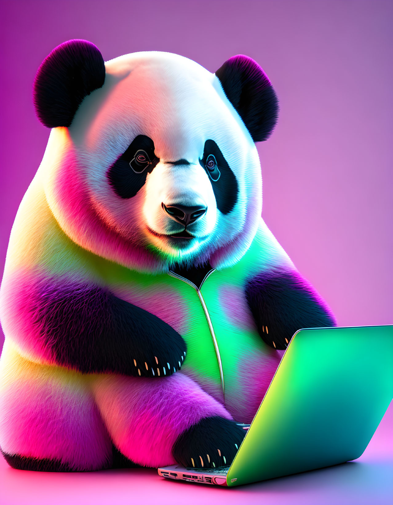 Colorful 3D illustration of panda in green hoodie on laptop with vibrant background