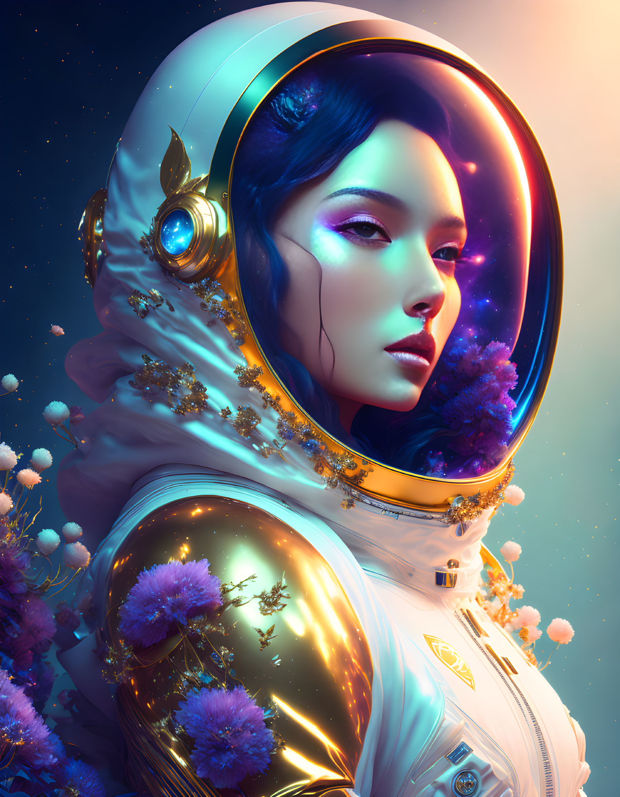 Colorful digital artwork: Woman in ornate spacesuit helmet with flowers, cosmic background