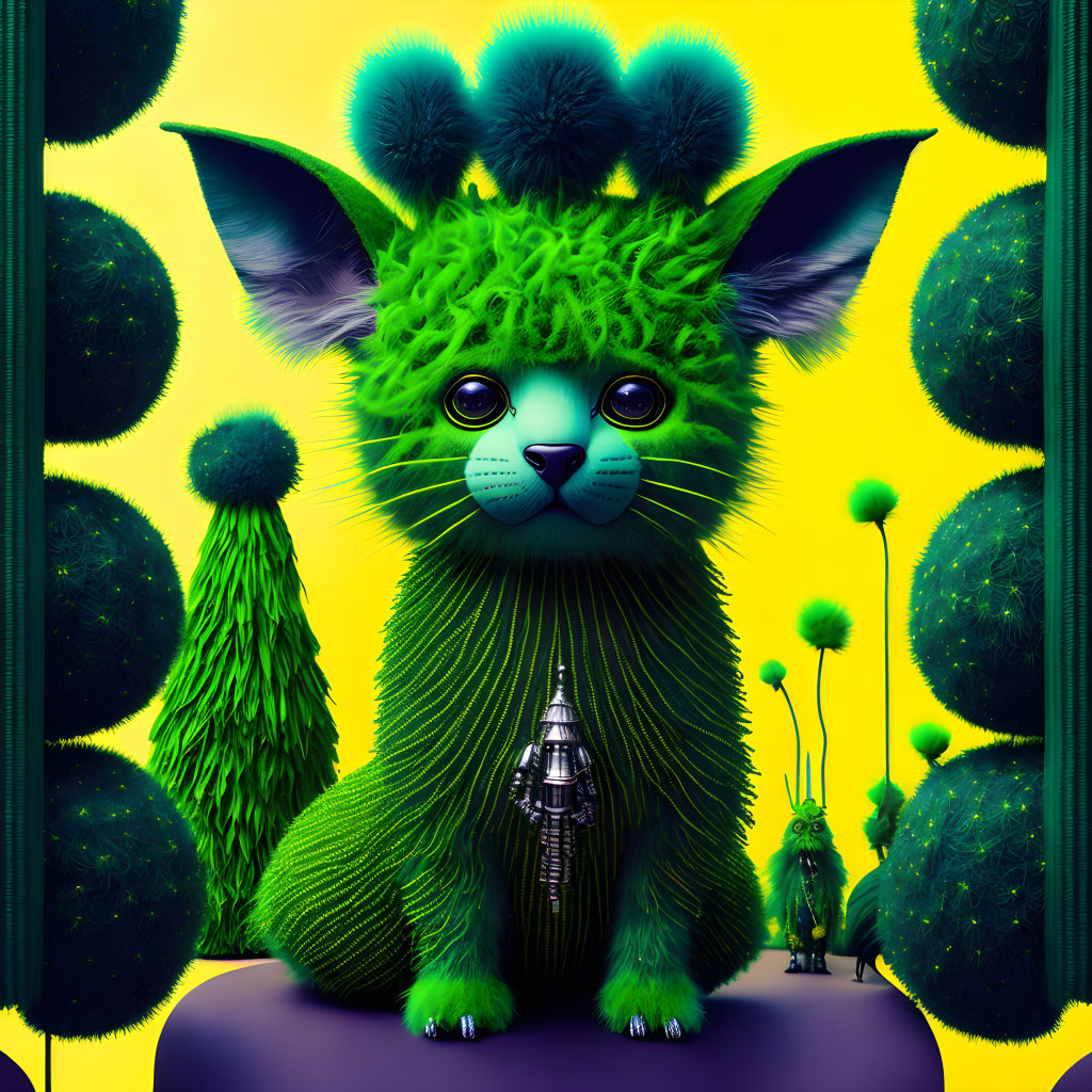 Whimsical green feline creature in fantasy landscape with spherical trees