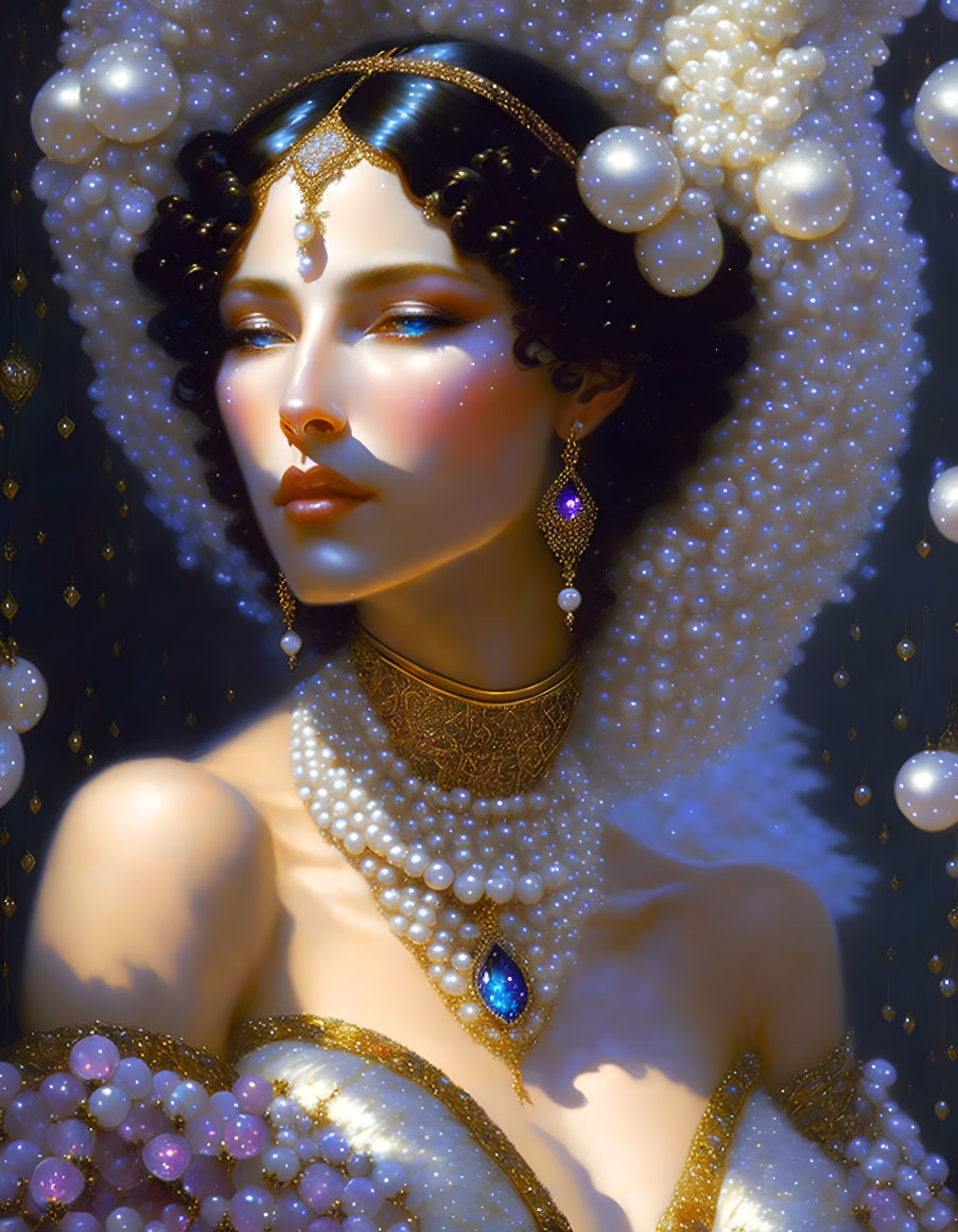 Elegant Woman with Pearls, Gold Jewelry, and Sapphire Pendant