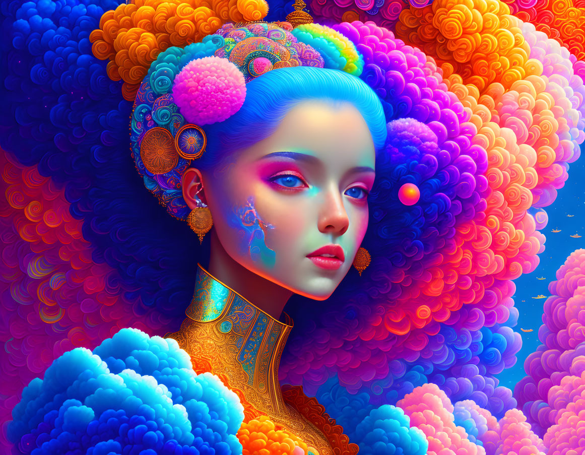 Colorful digital artwork: Woman with blue hair and vibrant adornments in swirling psychedelic clouds