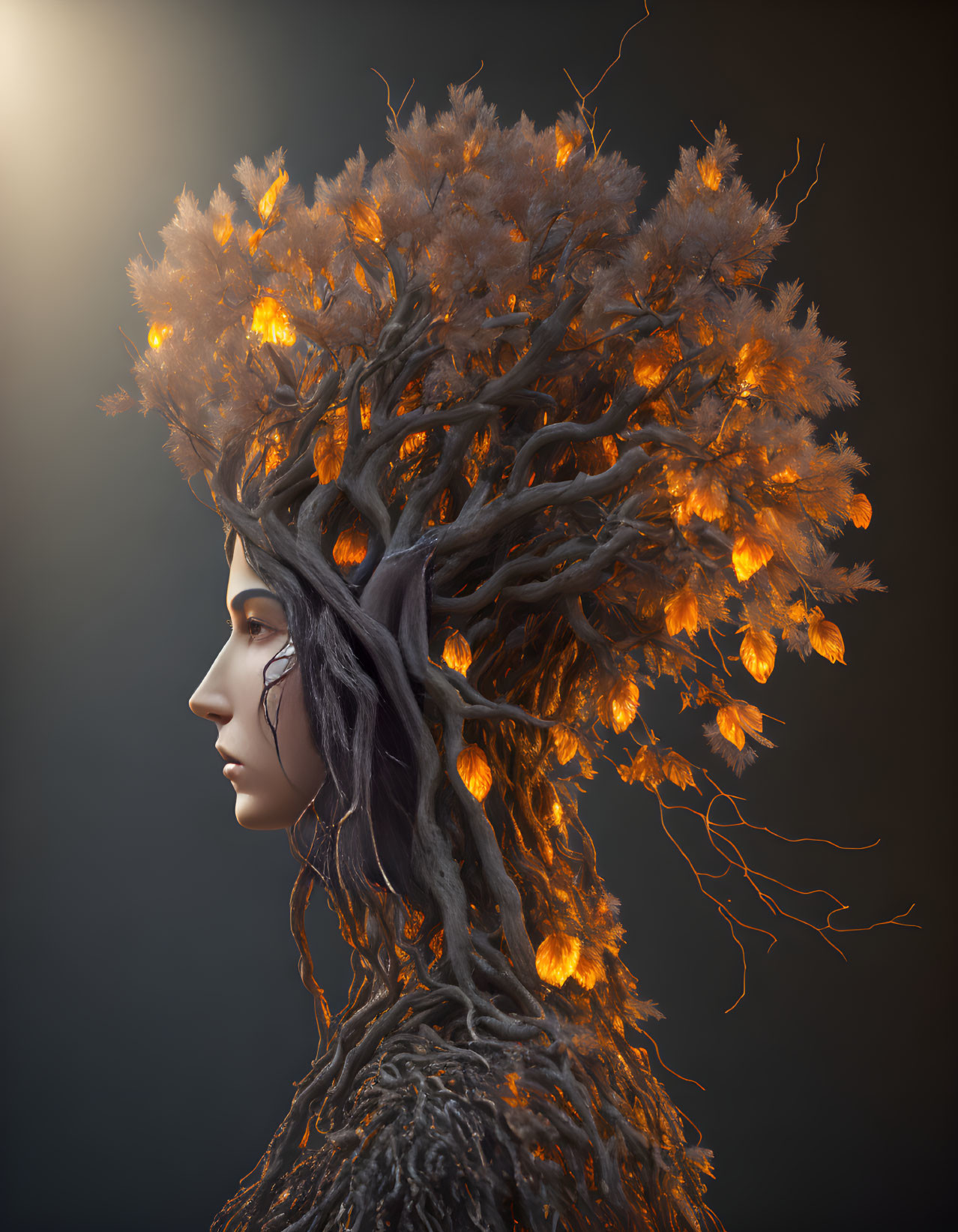 Person with Tree Branch Headdress & Autumn Leaves in Profile View