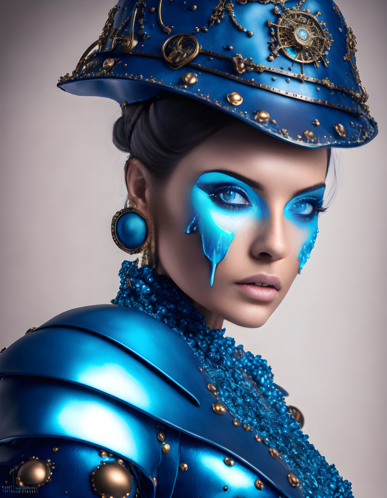 Blue-themed makeup and attire with ornate gold-detailed helmet and armor.