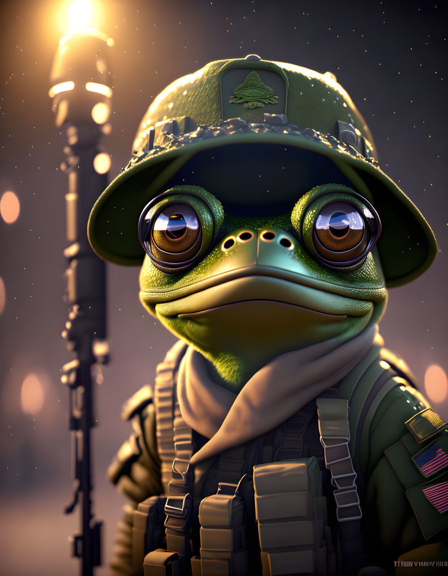 Frog in military gear against dusk sky
