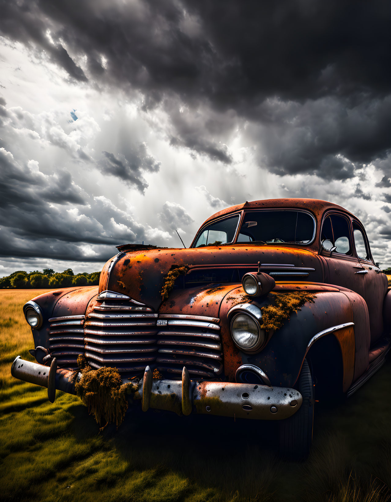 Rusty car with moss under dramatic sky in open field