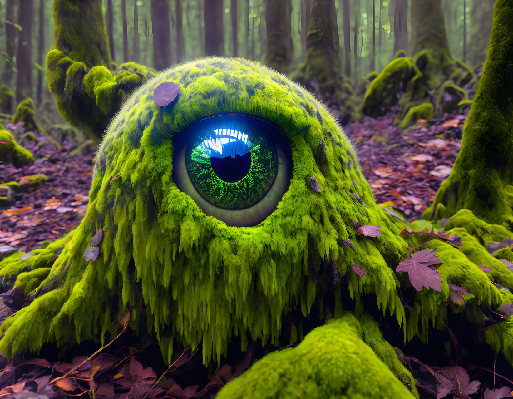 Vivid green moss-covered creature with single eye in misty forest