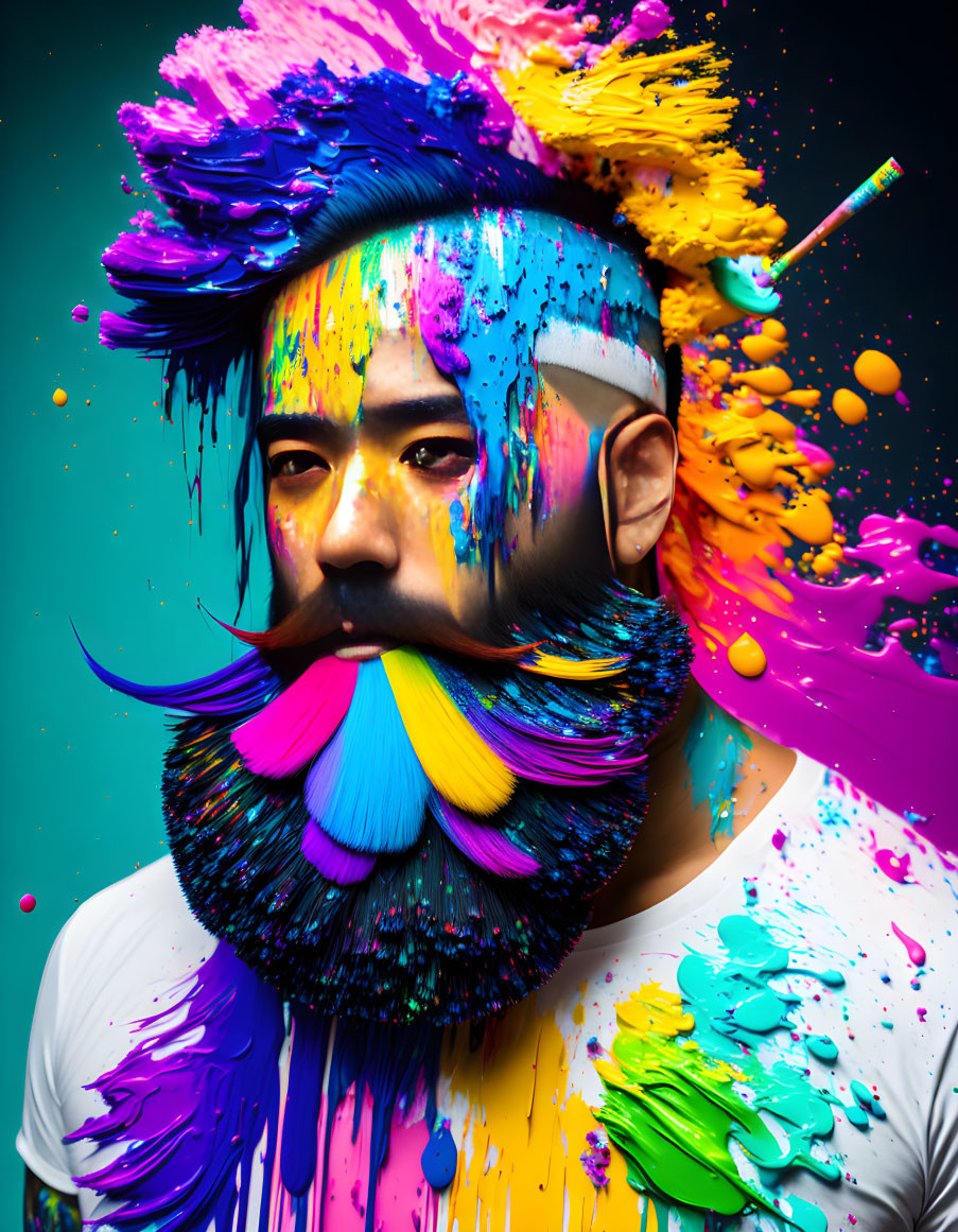 Intense man with stylized beard and vibrant paint splash on face and shirt