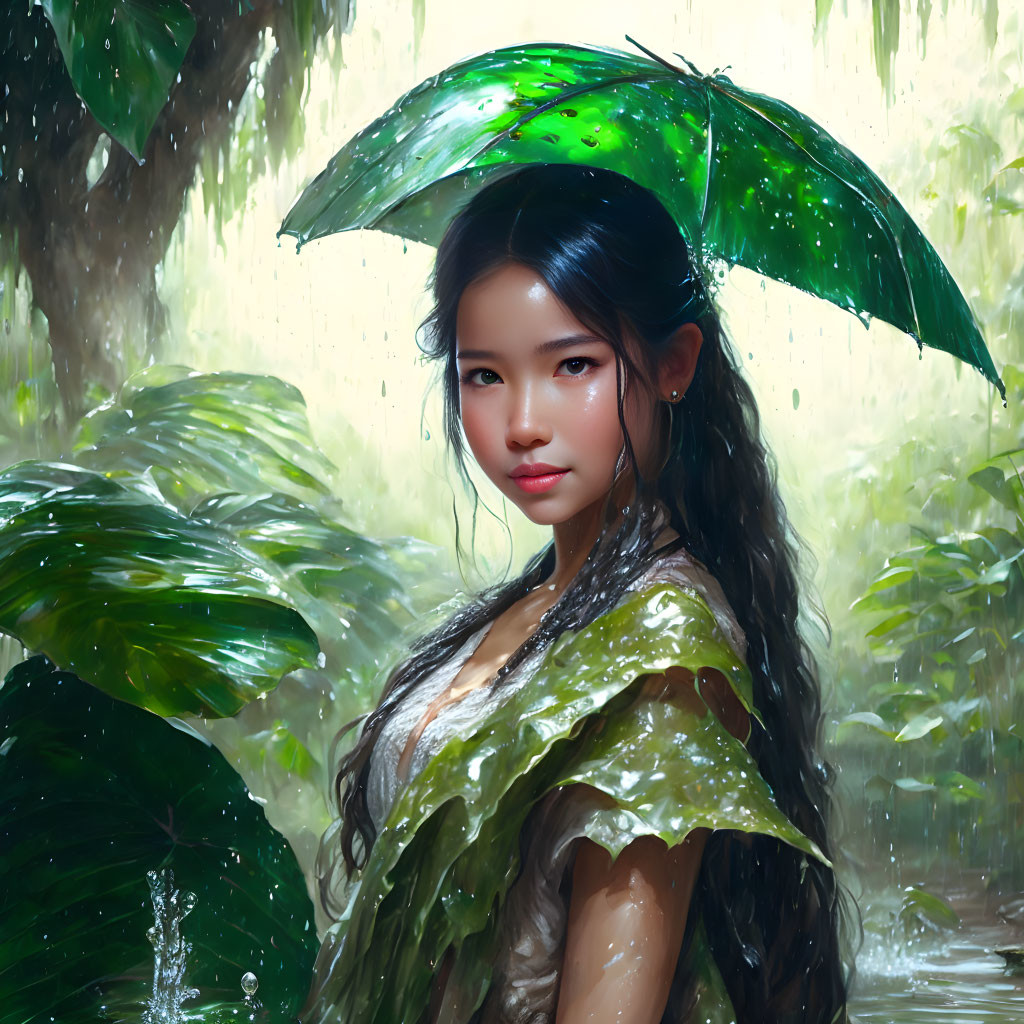 Young woman under green leaf umbrella in rain-soaked foliage.