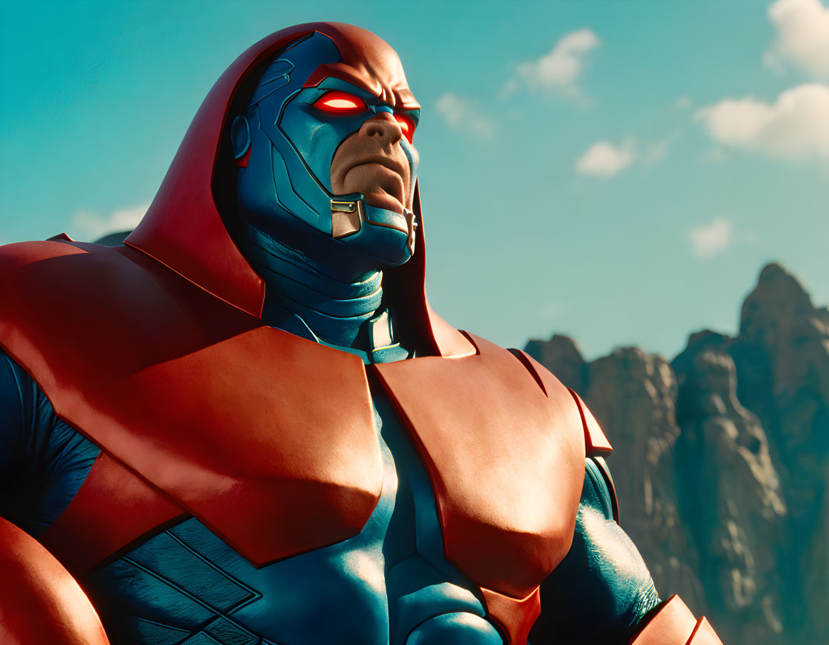 Muscular animated superhero in blue and red suit with glowing eyes against sky and rock backdrop