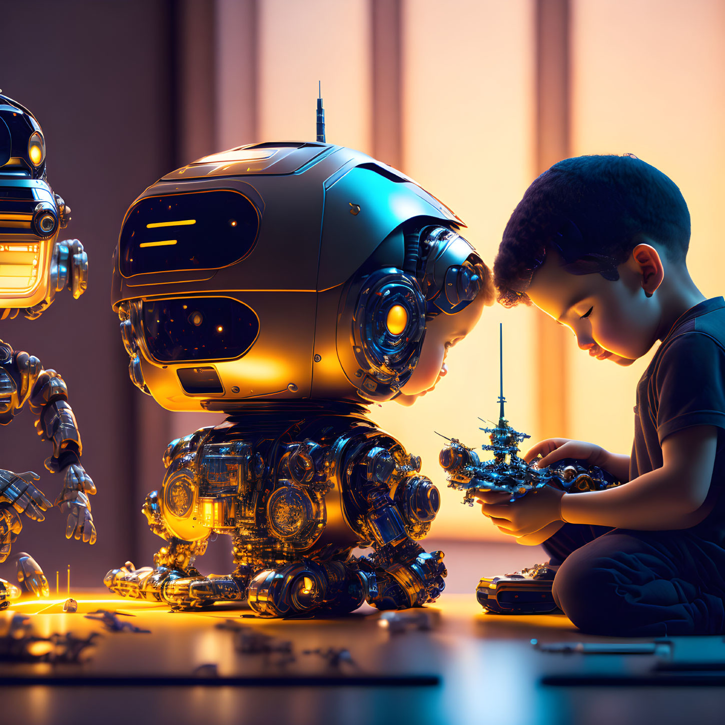 Child assembling small robot with humanoid robots watching in lit room