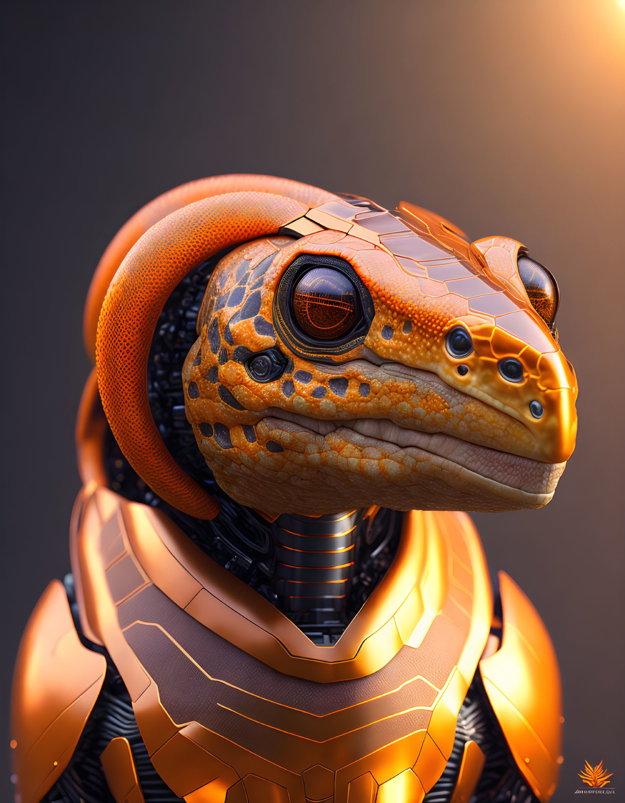 Detailed image of gecko with human-like mechanical body in orange and black futuristic armor