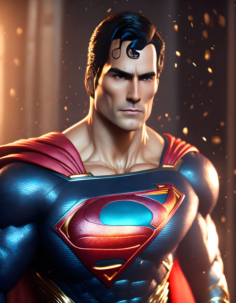 Hyper-realistic Superman illustration in iconic suit under dramatic lighting