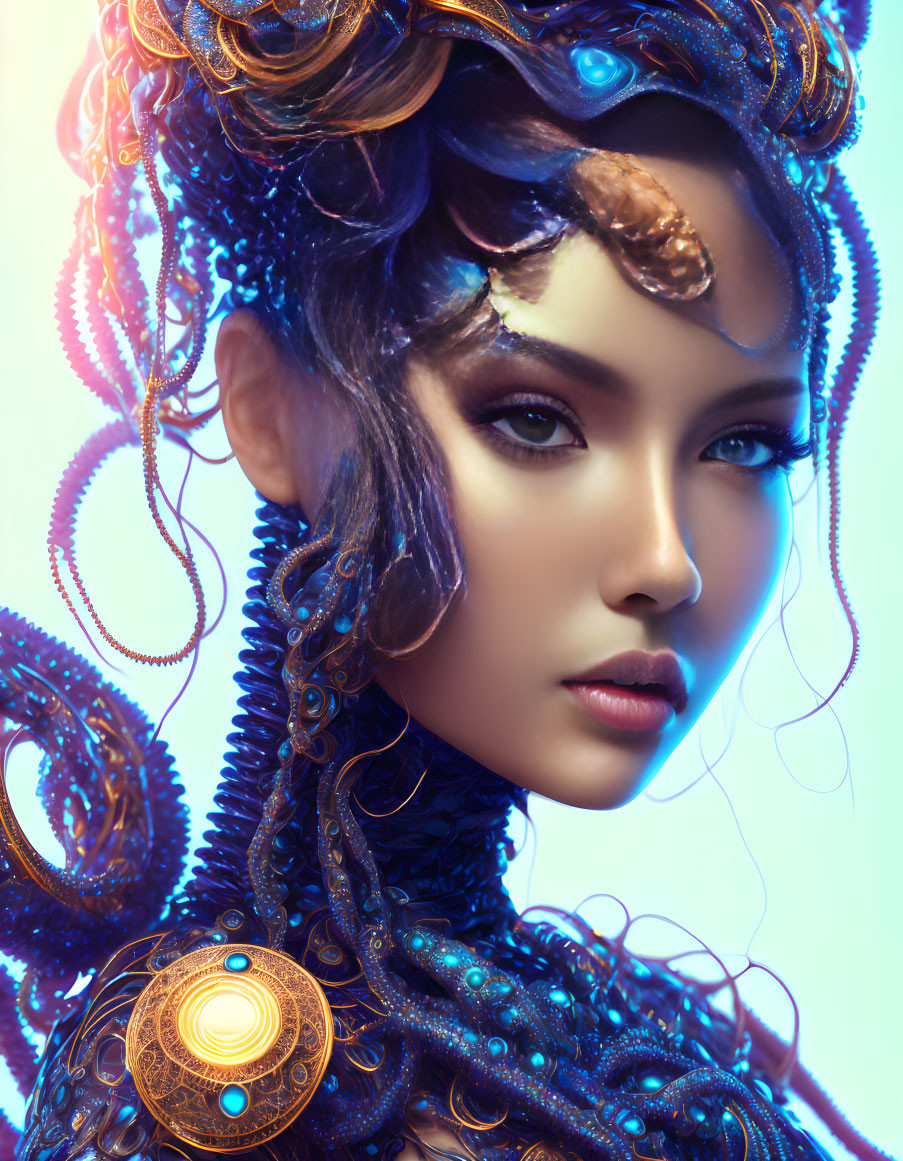 Elaborate octopus-inspired woman with golden accents under cool-toned light