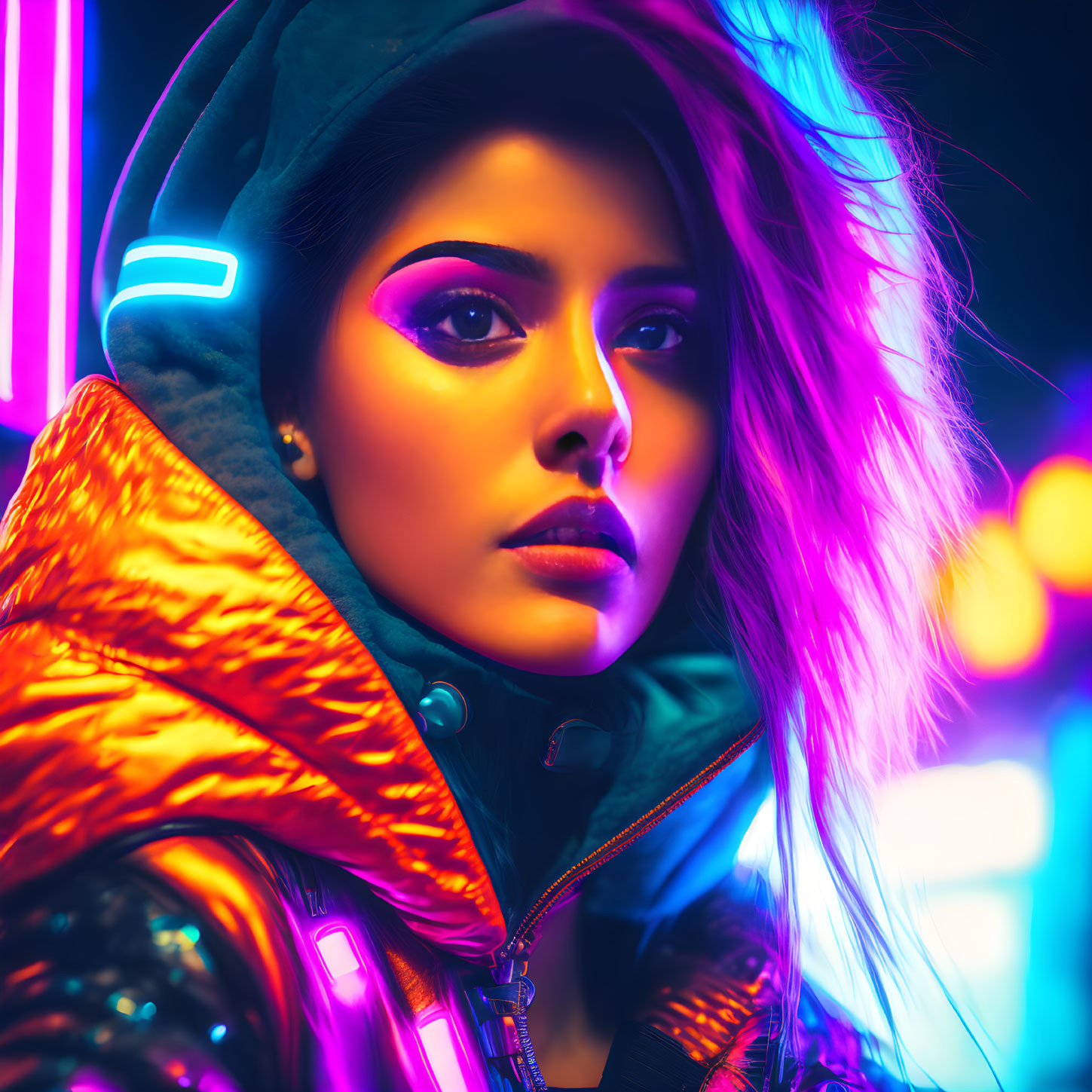 Woman in bold makeup under neon lights wearing hooded jacket