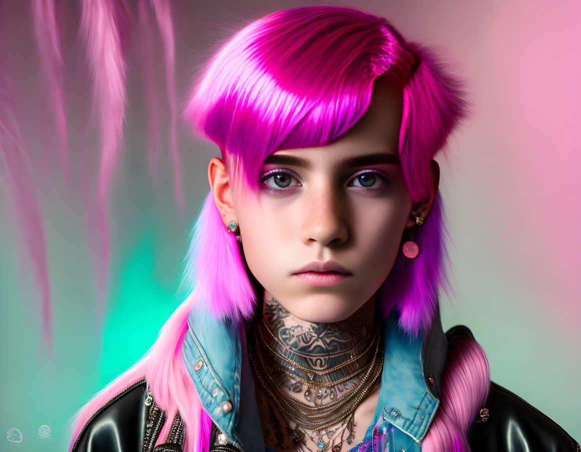 Vibrant pink hair, piercings, tattoos in portrait with leather jacket