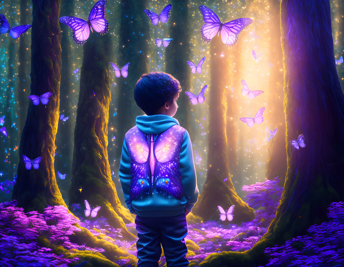 Boy in butterfly hoodie mesmerized by glowing butterflies in enchanting forest.