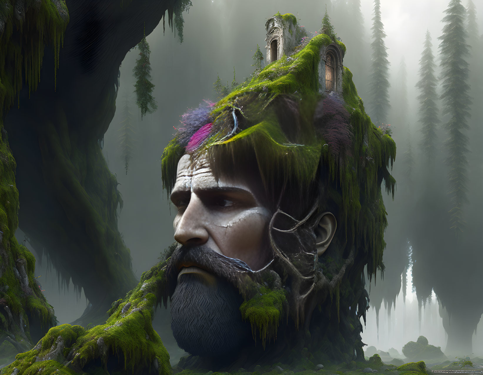 Man's face blends with nature in fantasy landscape with mossy beard, trees, castle, and fog