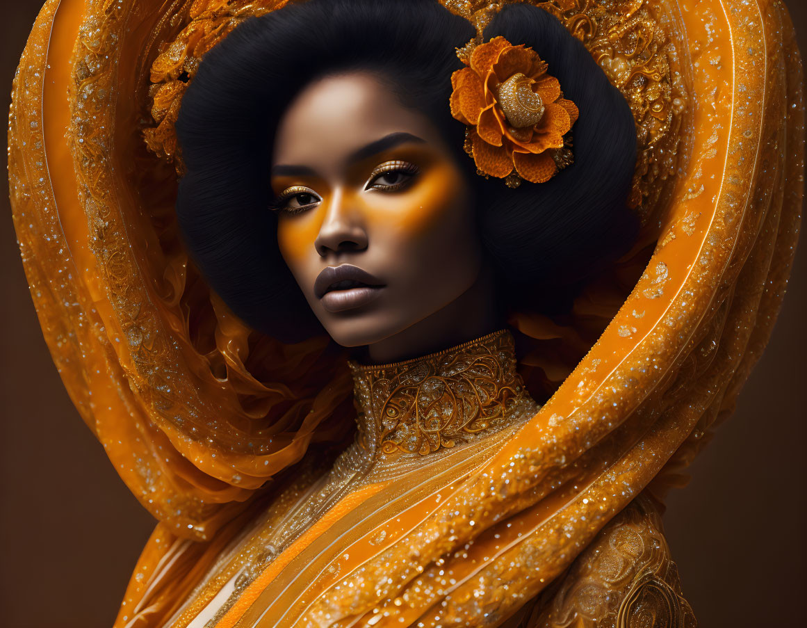 Elegant woman with elaborate orange headpiece and striking makeup