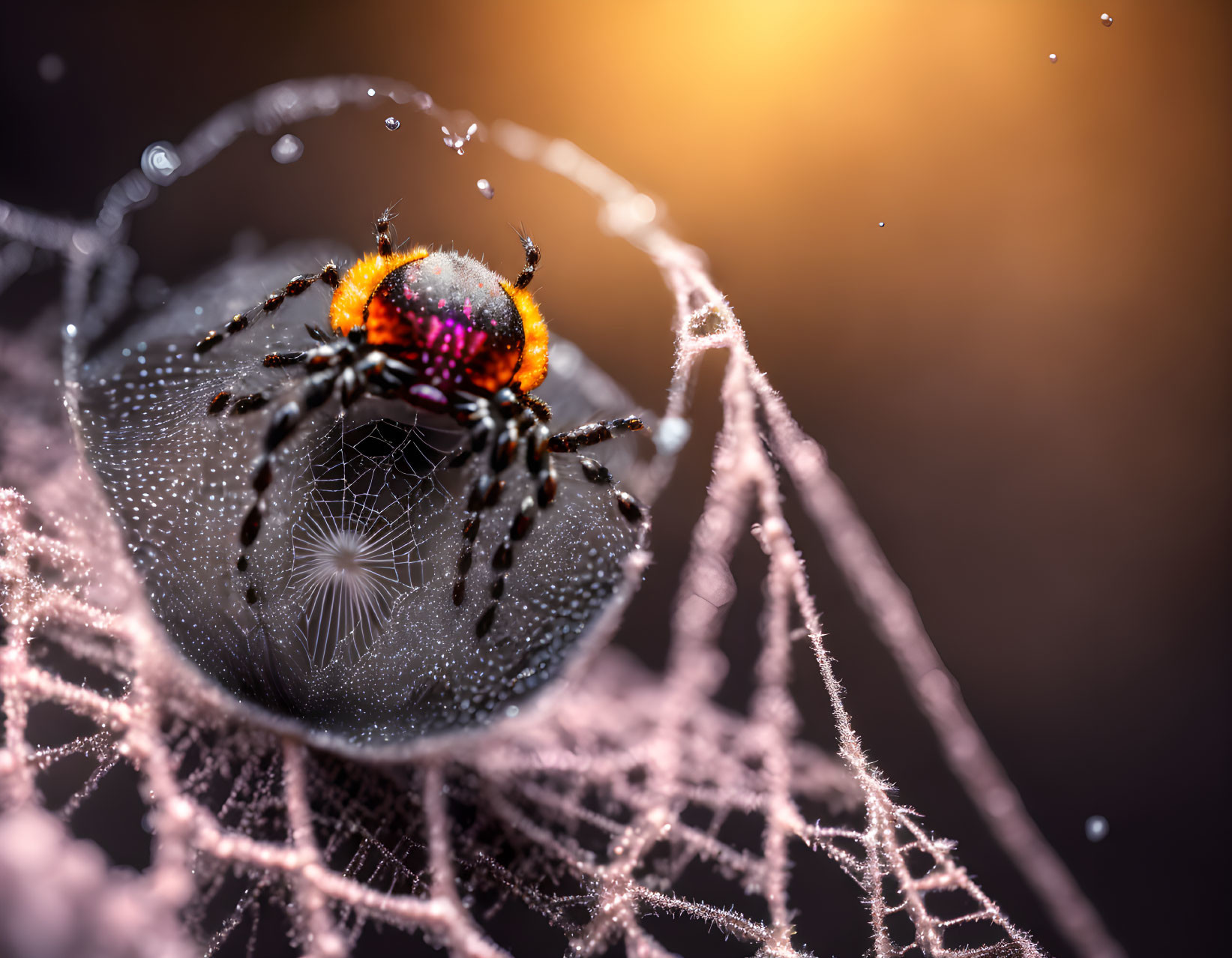 Vibrant spider on dewy web with soft-focus background