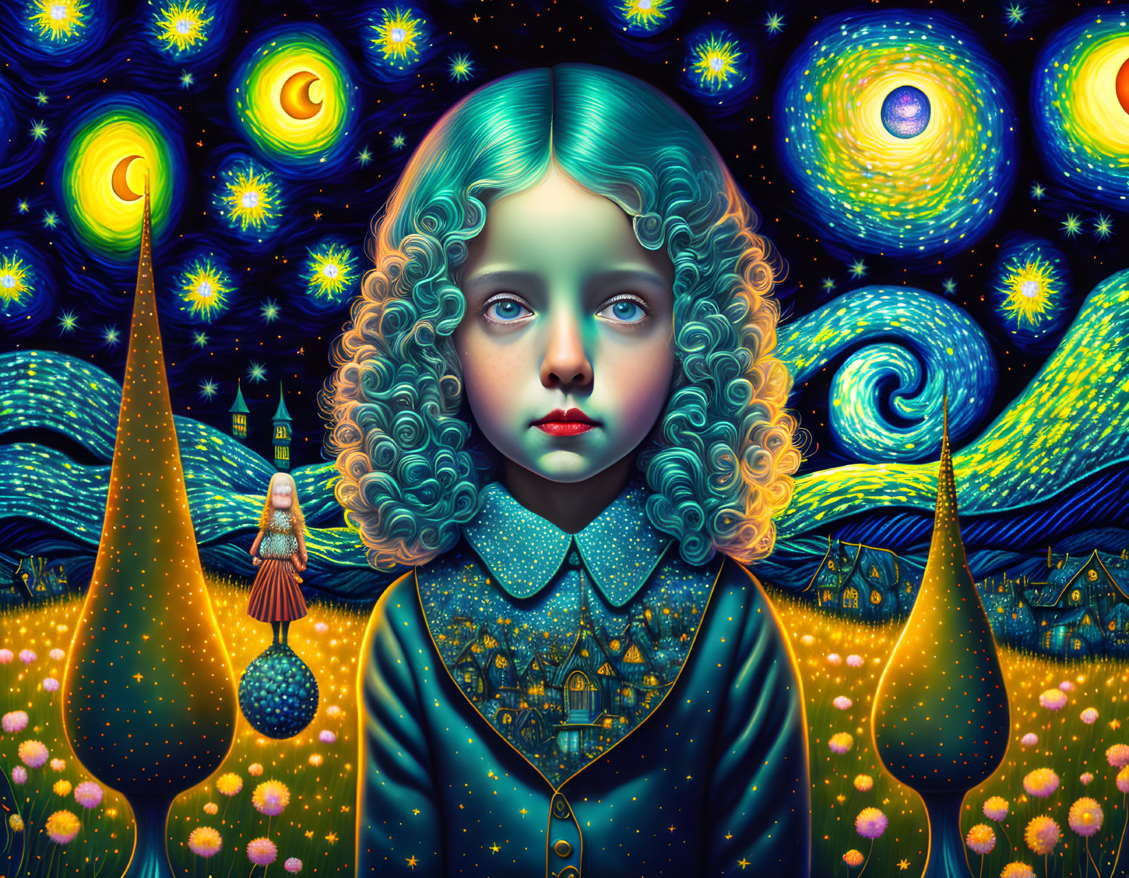 Surreal portrait of young girl with curly hair in Van Gogh-inspired setting