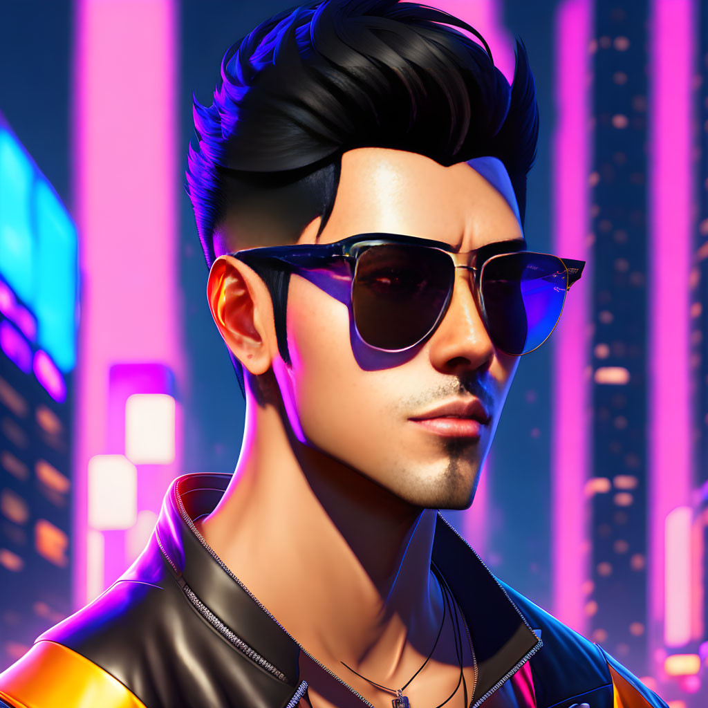 Dark-haired male character in sunglasses and leather jacket against neon cityscape.