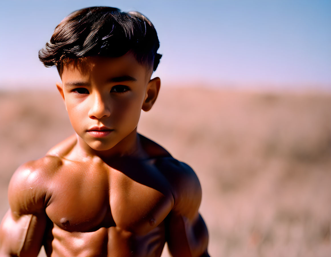 Serious young muscular boy outdoors with blurred natural background