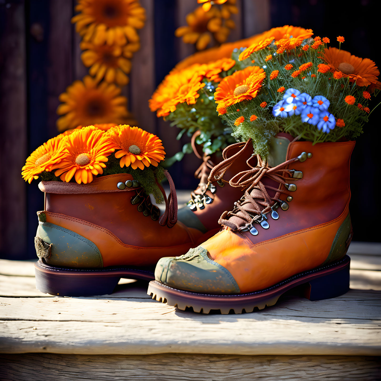 Brown Leather Boots Filled with Vibrant Flowers Against Wooden Fence