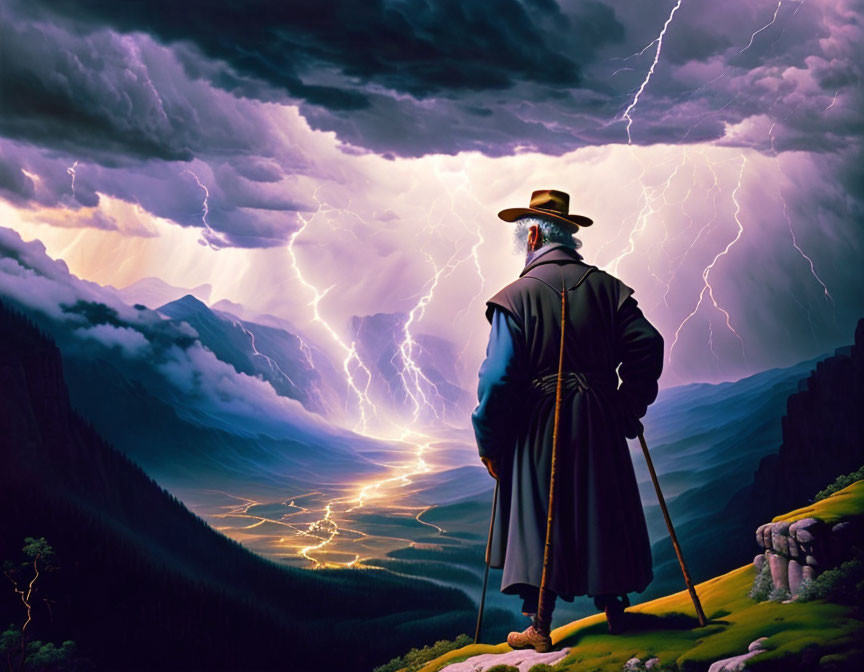 Person in Coat and Hat with Cane on Cliff in Front of Lightning Storm