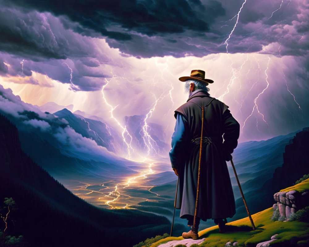 Person in Coat and Hat with Cane on Cliff in Front of Lightning Storm