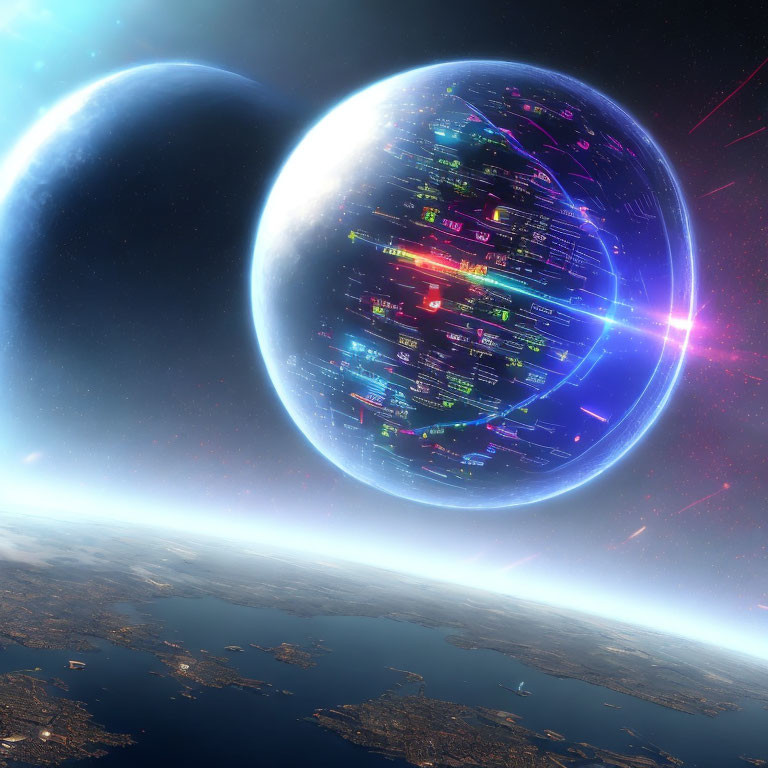 Futuristic Earth surrounded by advanced sphere in space