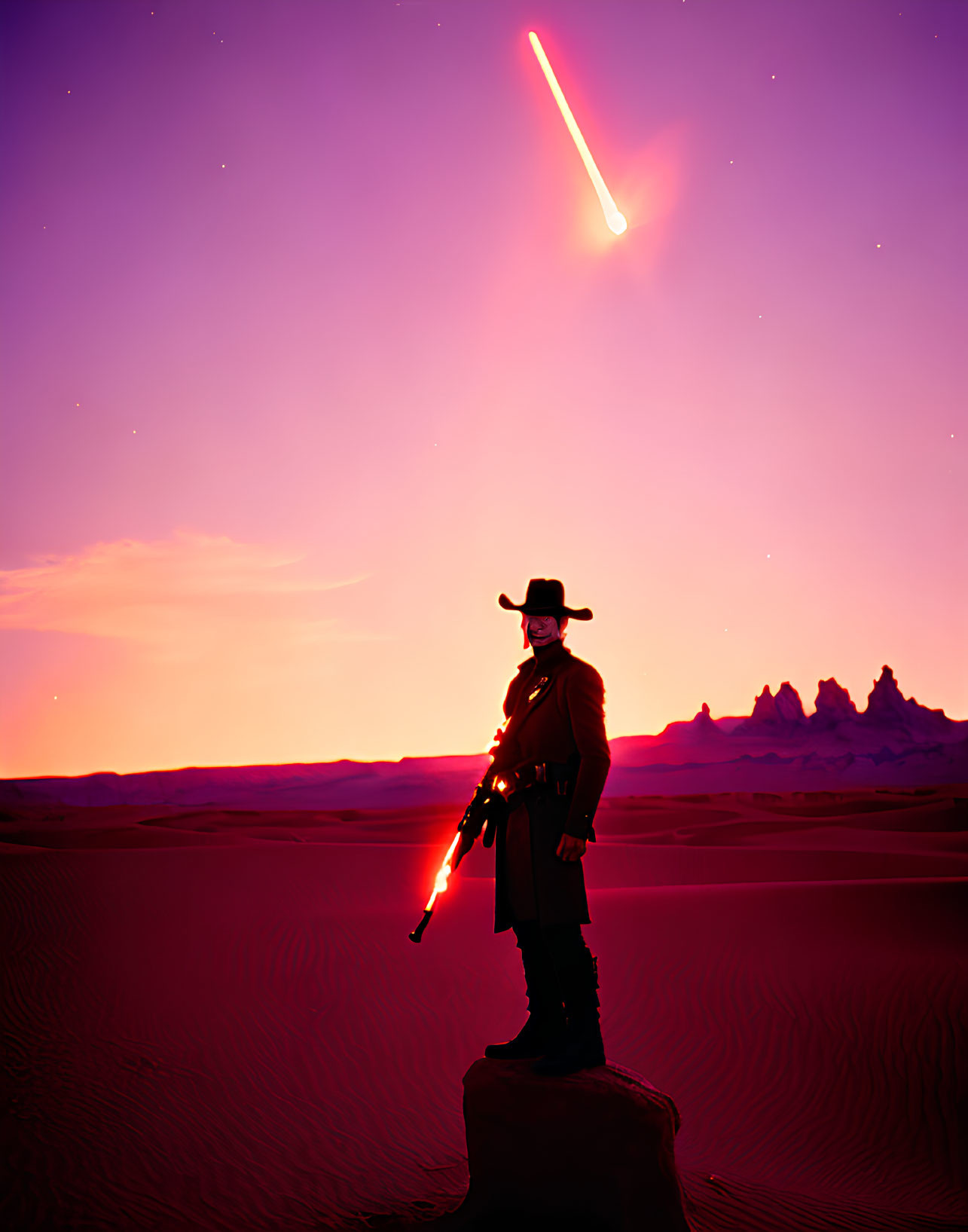 Silhouetted cowboy figure on rock at sunset with comet in purple sky