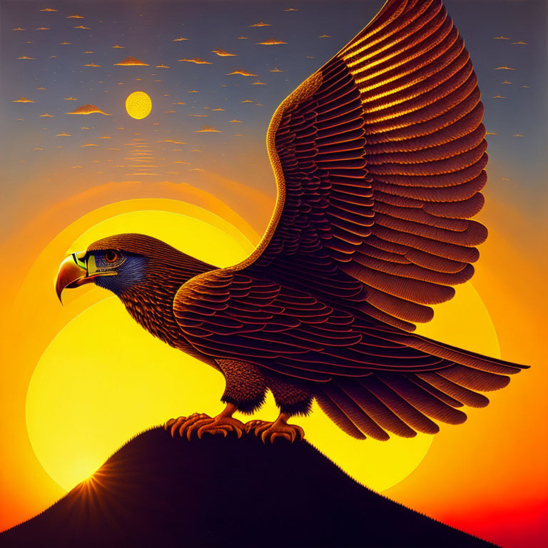 Majestic eagle perched on mountain at sunset with sun and moon in amber sky