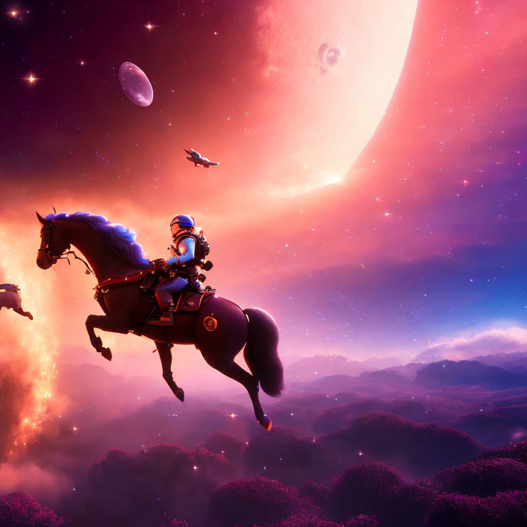 Medieval knight on horse in surreal purple cosmos with celestial bodies.