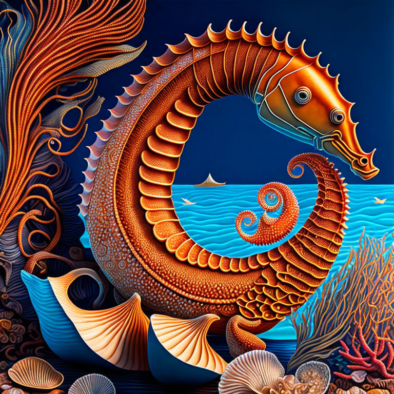 Golden-orange seahorse in intricate marine scene