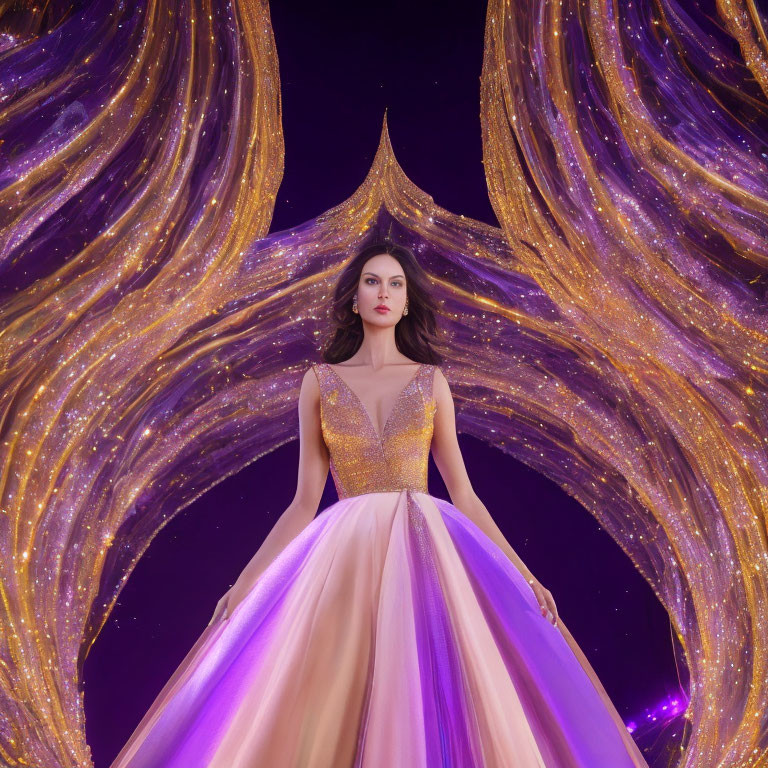 Woman in Elegant Glittering Gown on Purple Background with Golden Sparkles